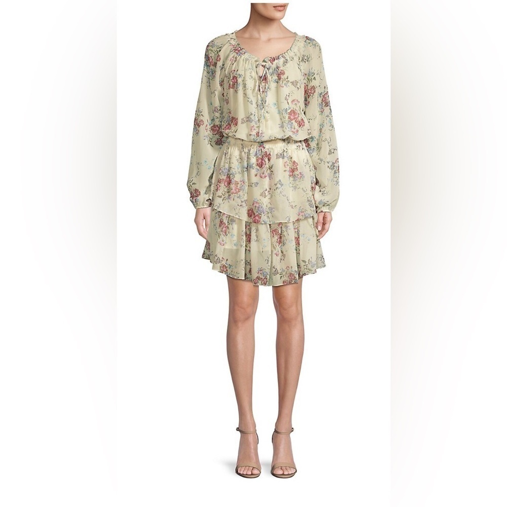 BUFFALO David Bitton Gardenia Tiered-Hem Dress cream beige floral ruffle